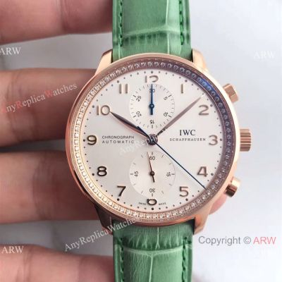 Swiss IWC Portuguese V2 Best Edition Replica Watch Green Leather Rose Gold A79350